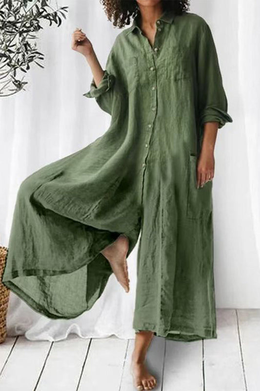 Mono informal holgado con cuello vuelto, bolsillos y botones, para vacaciones (3 colores)
