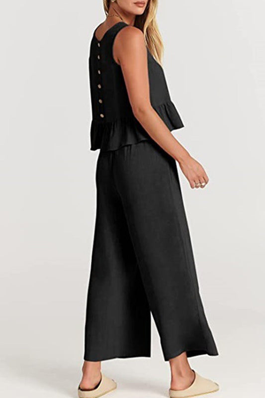 Conjunto informal sencillo de dos piezas con bolsillos, botones y cuello redondo sin mangas