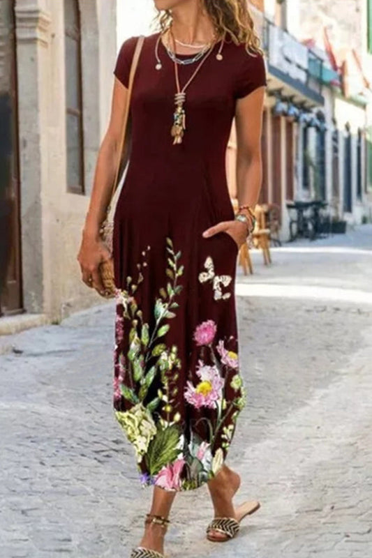 Vestido casual de manga corta con cuello redondo y estampado de patchwork de calle