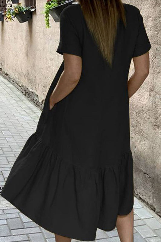 Vestido informal de color liso con cuello redondo y manga corta (3 colores)