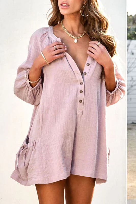 Mono holgado informal sencillo con cuello en V y bolsillos lisos (5 colores)