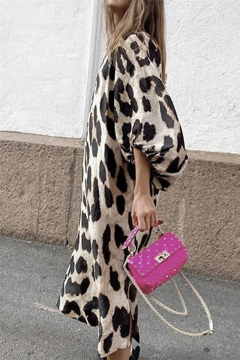 Vestidos elegantes de moda con cuello en V y abertura con patchwork de leopardo