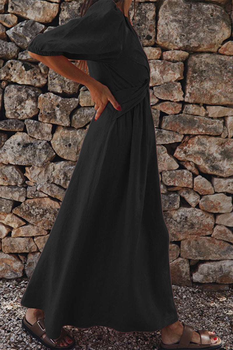 Vestido informal sencillo de manga corta con escote en V liso (3 colores)