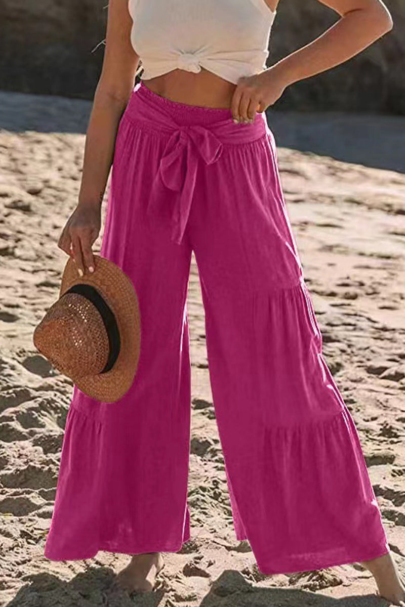 Pantalones casuales de vacaciones de color liso con pliegues, sueltos, de cintura alta y pierna ancha, de color liso