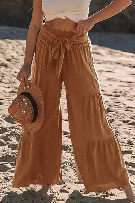 Pantalones casuales de vacaciones de color liso con pliegues, sueltos, de cintura alta y pierna ancha, de color liso