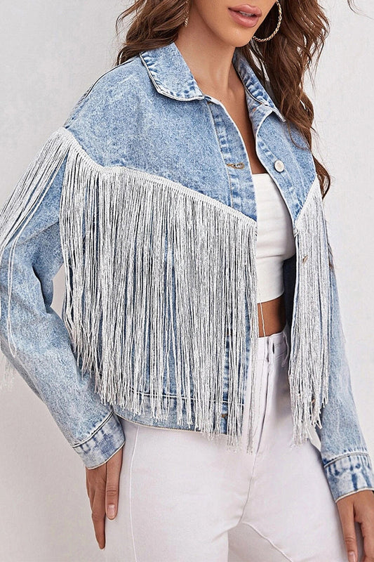 Chaqueta vaquera informal holgada de manga larga con cuello vuelto y borlas lisas de patchwork