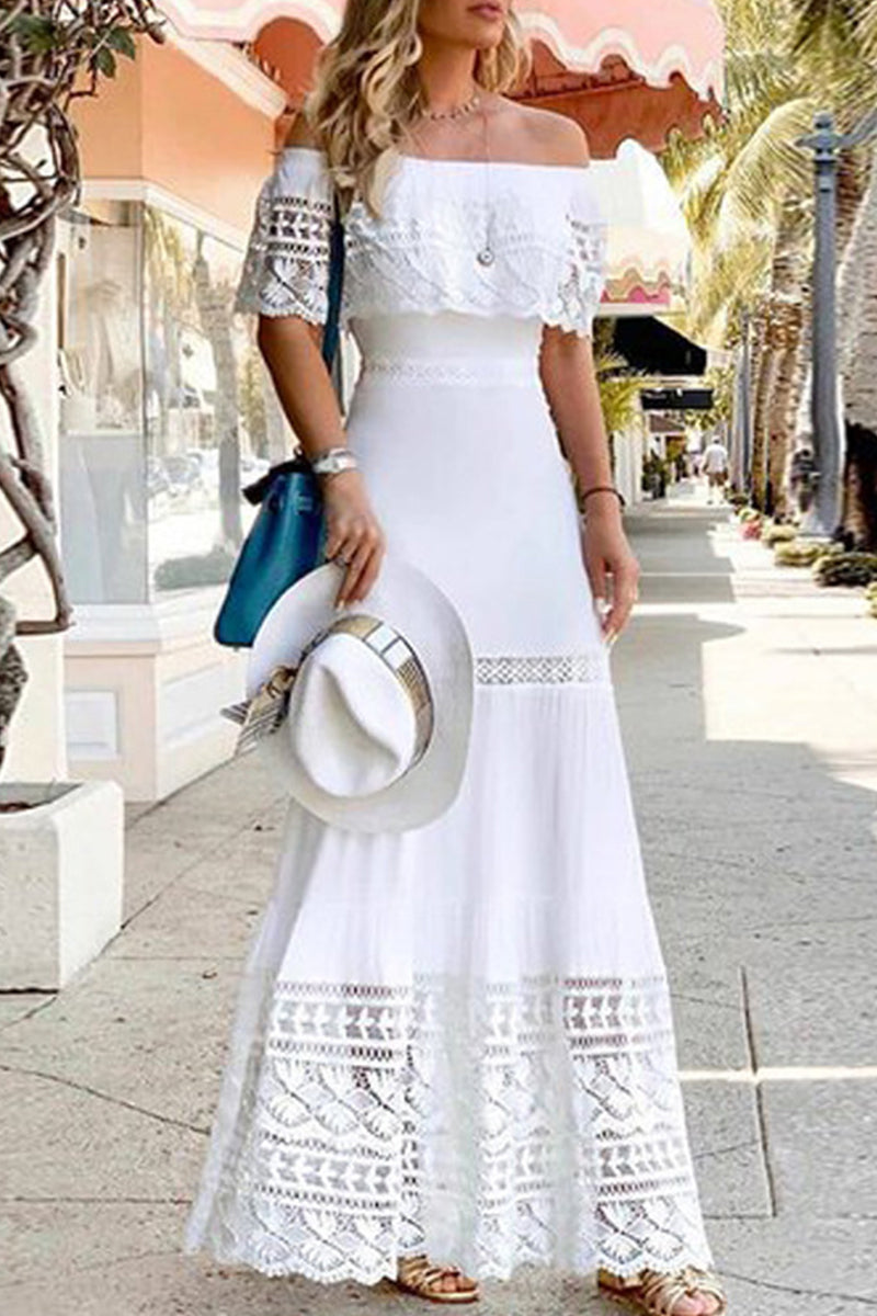 Vestido sexy de encaje con hombros descubiertos y aberturas lisas