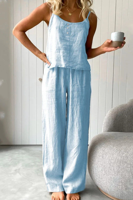 Conjunto informal de dos piezas con botones lisos para uso diario (4 colores)