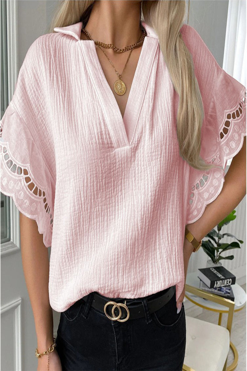 Blusas elegantes de cuello en V con patchwork de encaje sólido para uso diario