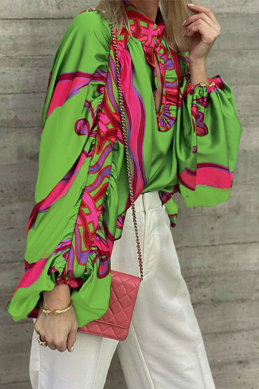 Blusas bohemias elegantes con estampado geométrico y cuello redondo con botones