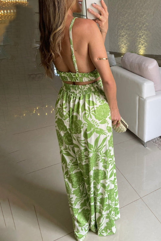 Conjunto informal de dos piezas con estampado floral, cuello en V y sin mangas