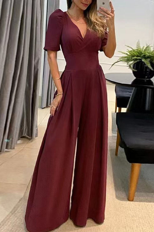 Monos casuales elegantes de color liso con bolsillos y cuello en V rectos