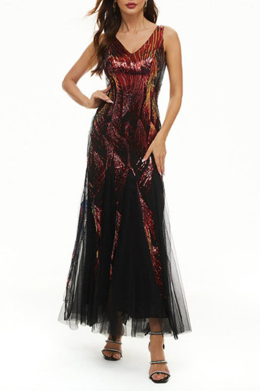 Vestidos de noche elegantes con cuello en V y patchwork de bloques de color de celebridades