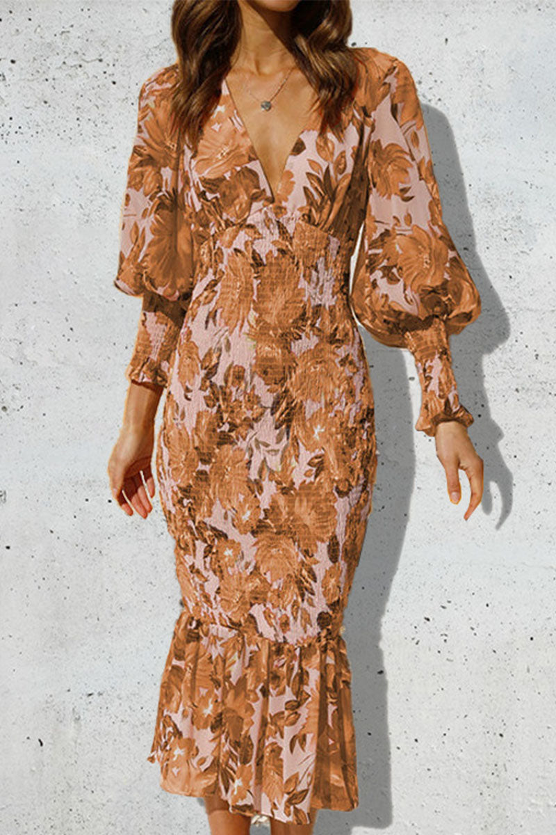 Vestidos de sirena con cuello en V y volantes, estampado elegante diario (5 colores)