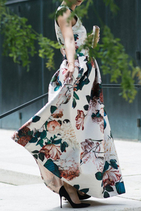 Vestidos elegantes de celebridades con estampado floral de patchwork y cuello en V