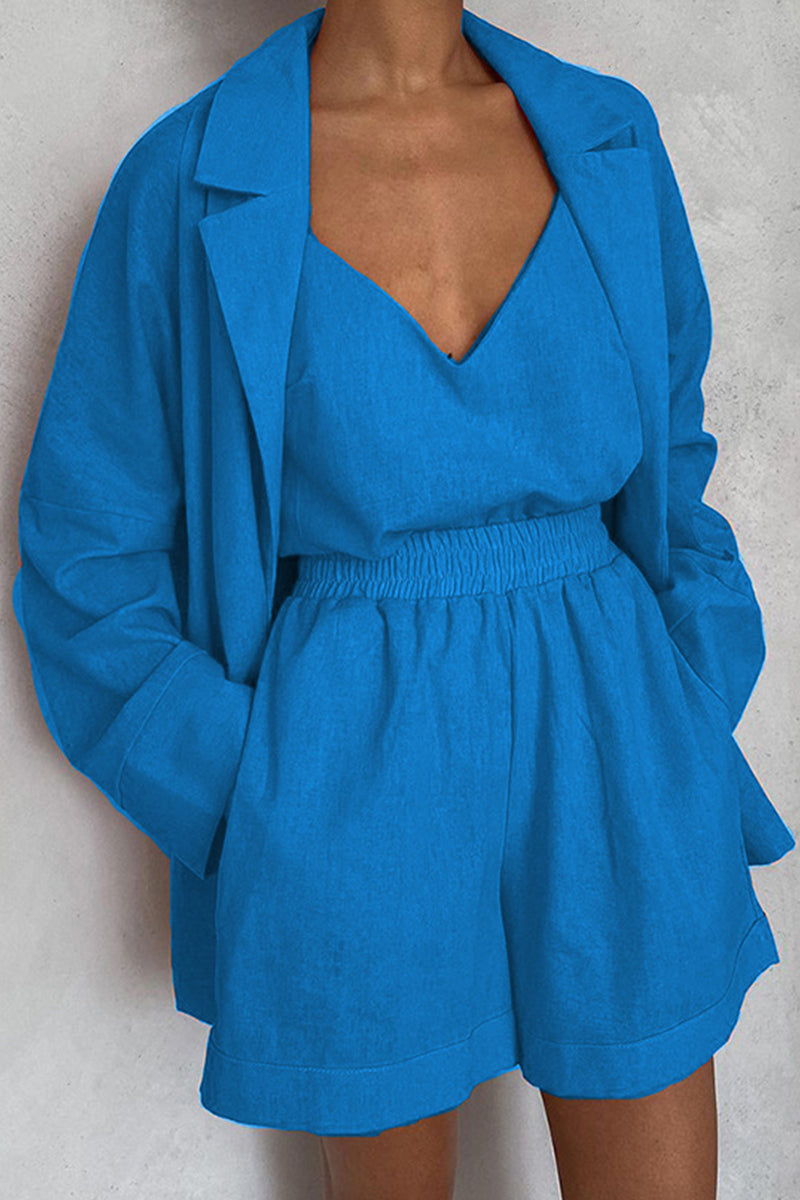 Conjunto informal de tres piezas con cuello vuelto, manga larga y bolsillos sólidos