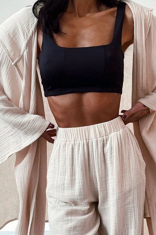 Conjunto informal de dos piezas con cuello vuelto, manga larga y parches sólidos