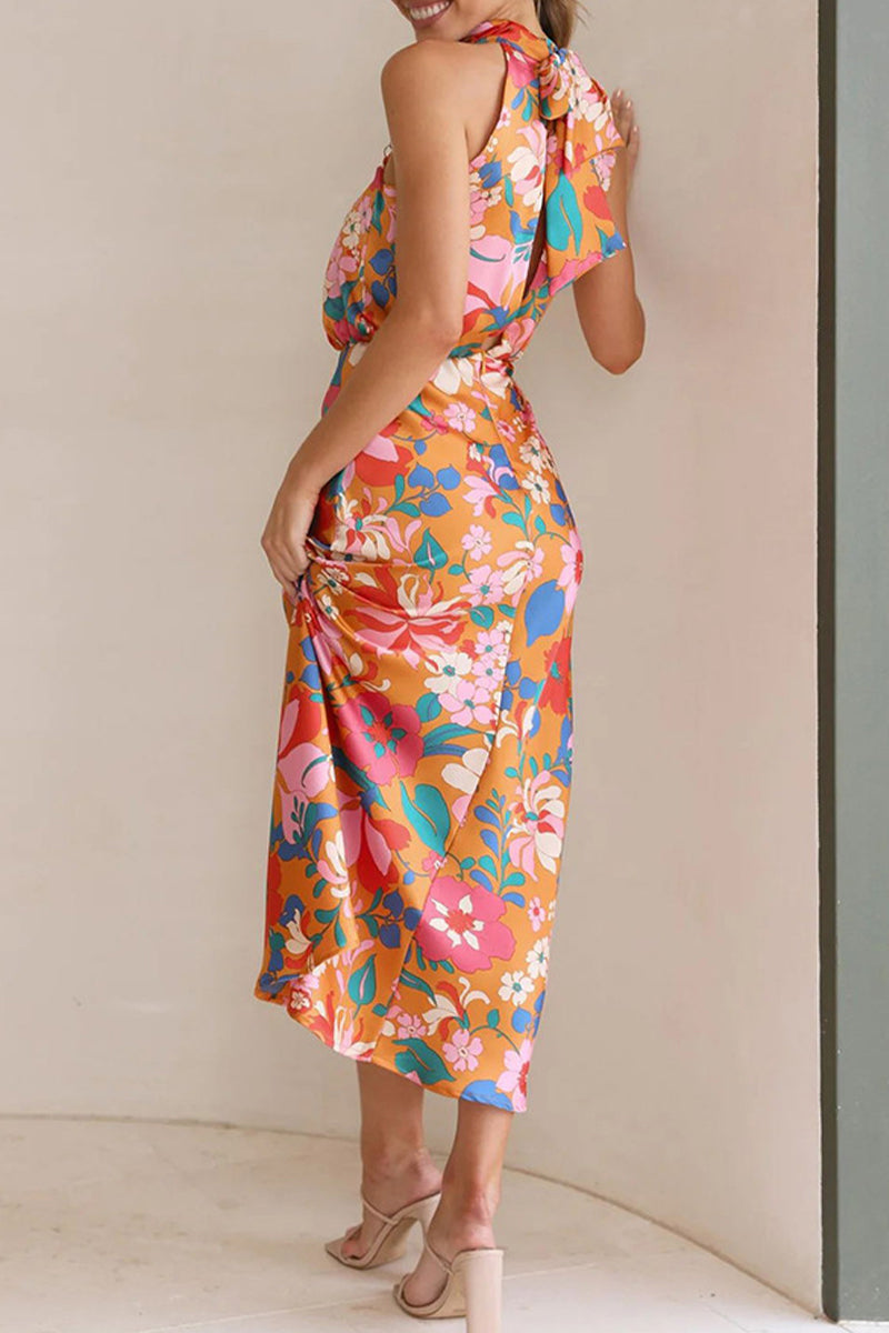 Vestidos elegantes de celebridades con estampado de patchwork, cuello asimétrico y falda de un solo paso