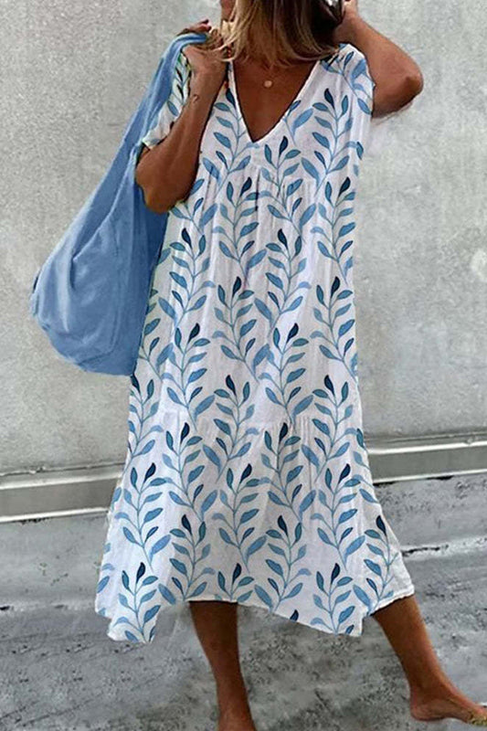 Vestido informal de manga corta con cuello en V y estampado de patchwork