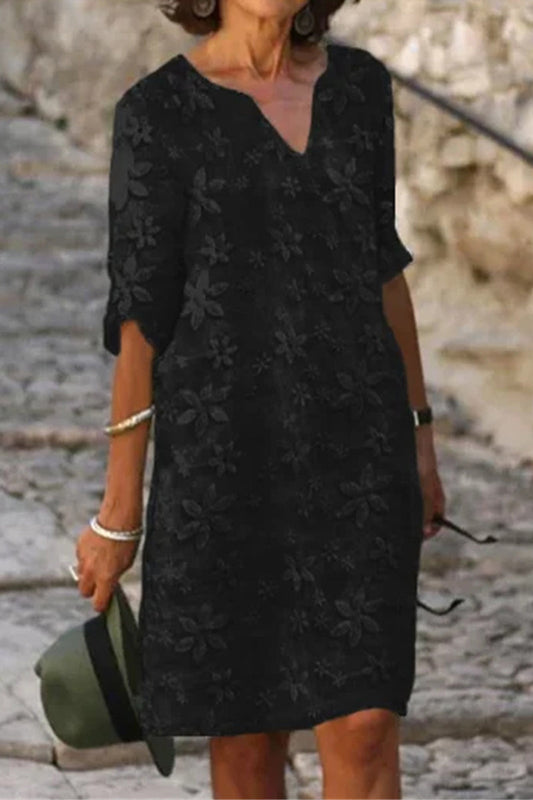 Vestido informal sencillo de patchwork liso con cuello en V y manga corta