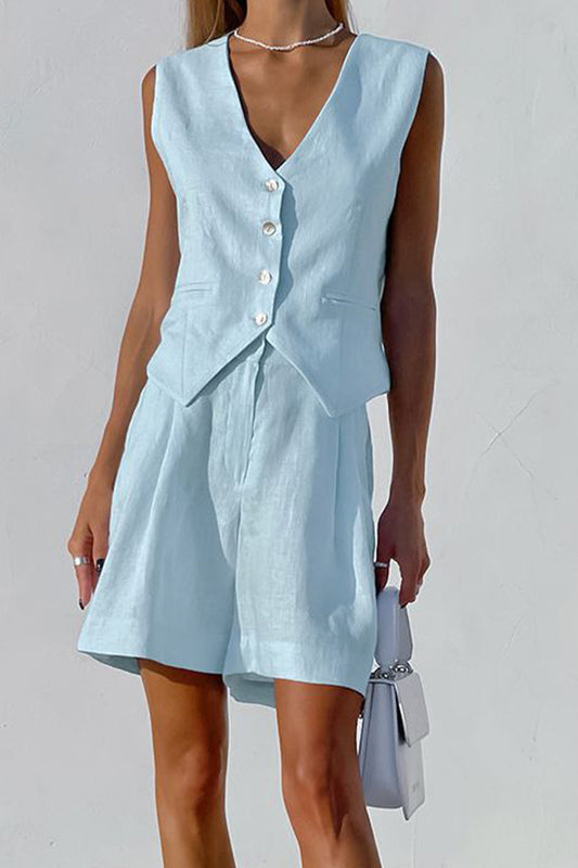 Conjunto informal de dos piezas con cuello en V, sin mangas y bolsillos sólidos (6 colores)
