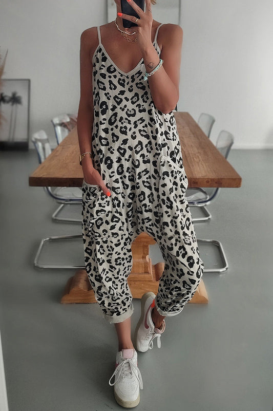 Mono holgado informal con cuello en V y estampado de leopardo en los bolsillos