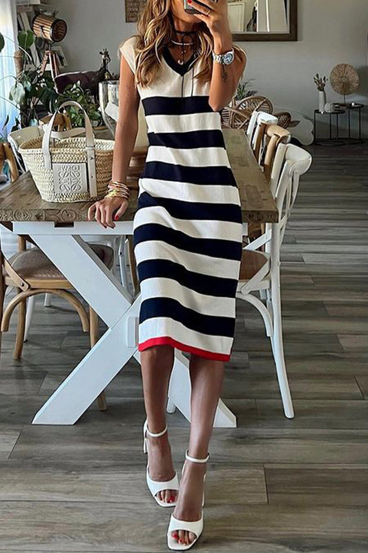Vestido informal de rayas con cuello en V y estampado de patchwork