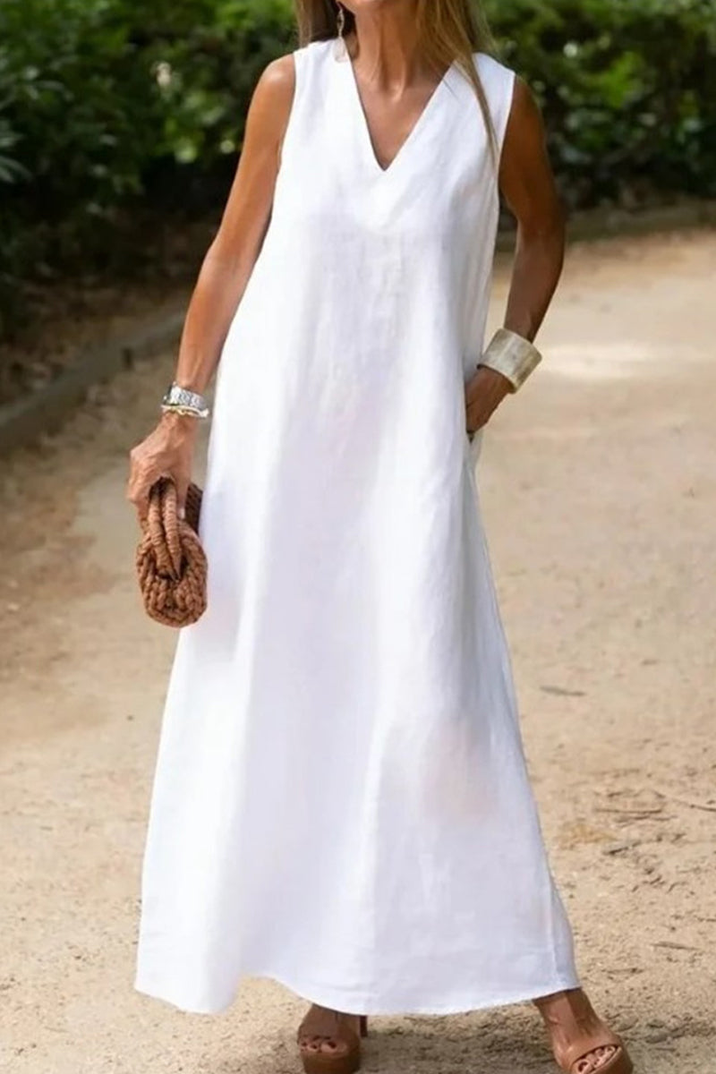 Vestido informal sencillo con cuello en V y bolsillos lisos