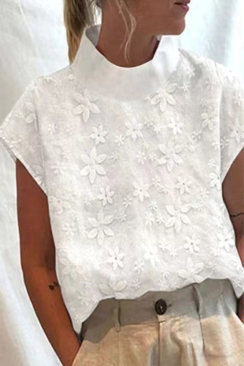 Blusas casuales sencillas con cuello redondo y bordado liso