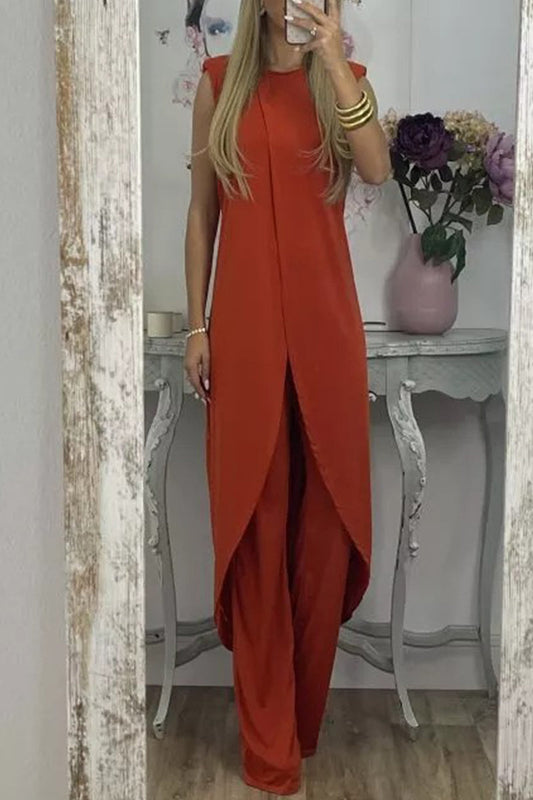 Conjunto informal de dos piezas, liso, asimétrico, con cuello redondo y sin mangas (7 colores)