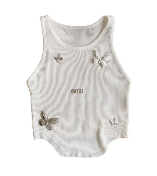 Miu Butterfly Embroidered Ribbed Tank Top