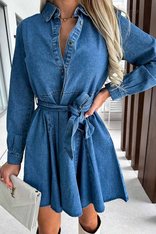 Vestidos casuales de corte A con cuello vuelto y estampado liso