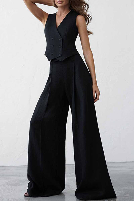 Conjunto informal de dos piezas, liso, con escote en V y sin mangas