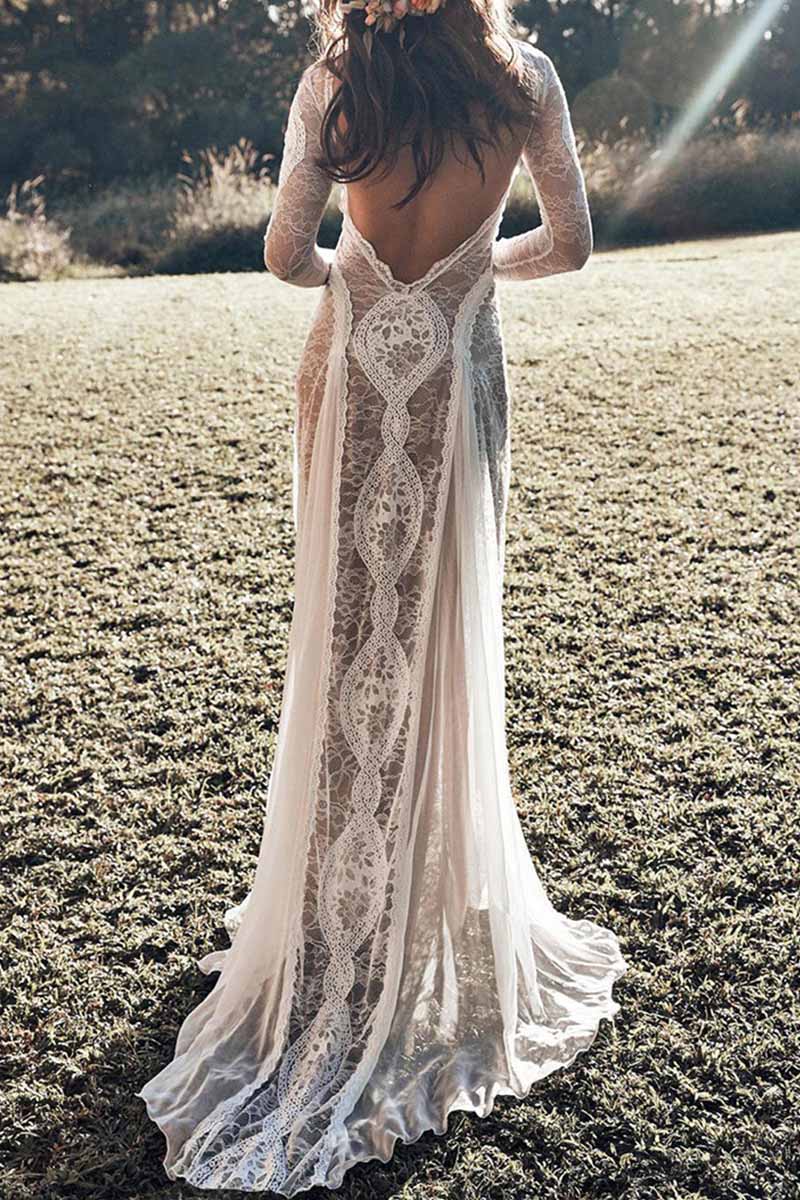 Elegante vestido de encaje liso sin espalda y cuello redondo