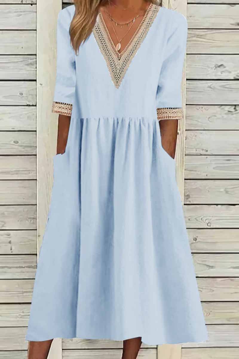 Elegantes vestidos de línea A con cuello en V y patchwork sólido