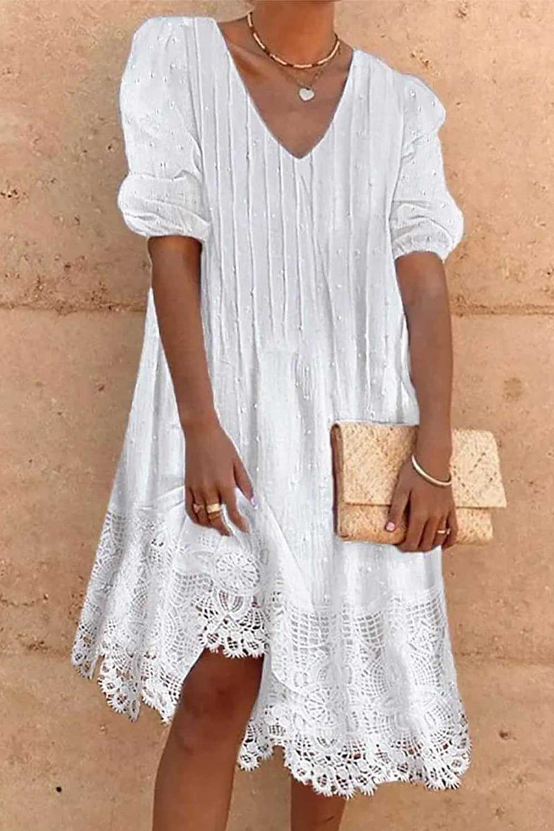 Vestidos elegantes y dulces de encaje liso con escote en V y corte A