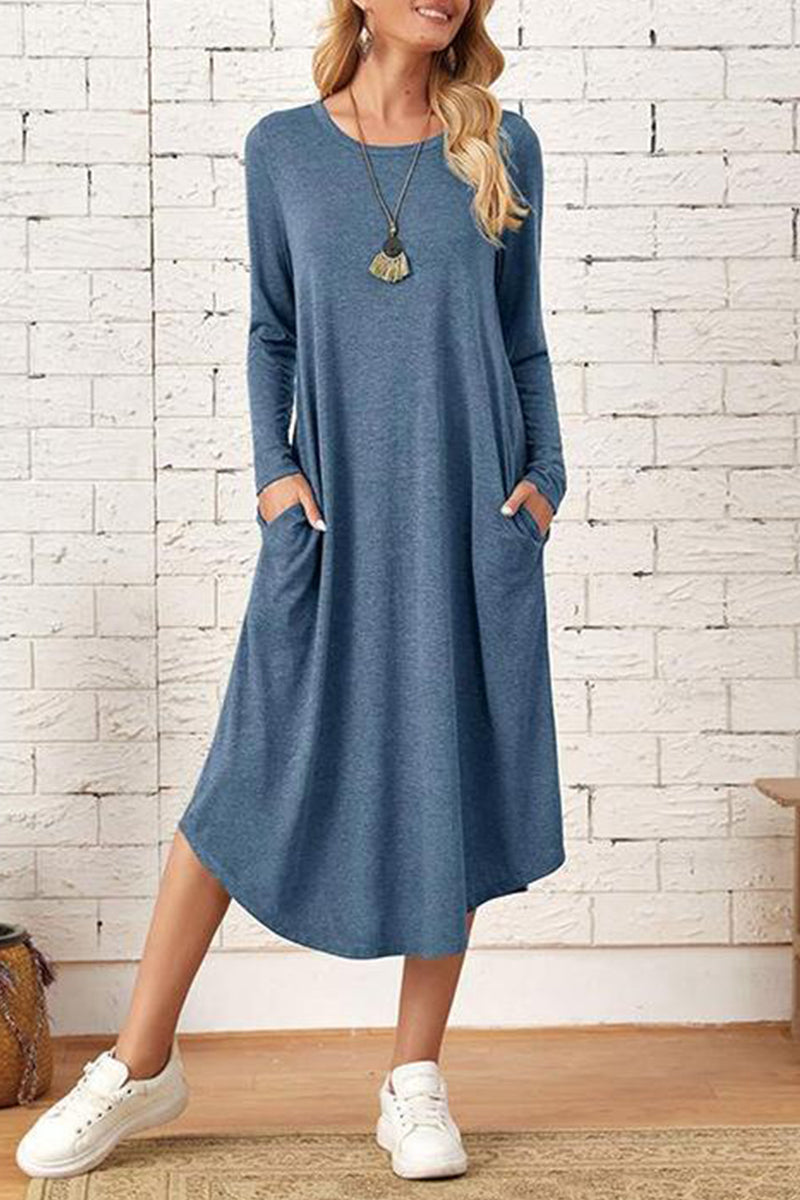 Vestidos casuales sencillos de manga larga con cuello redondo y bolsillos lisos