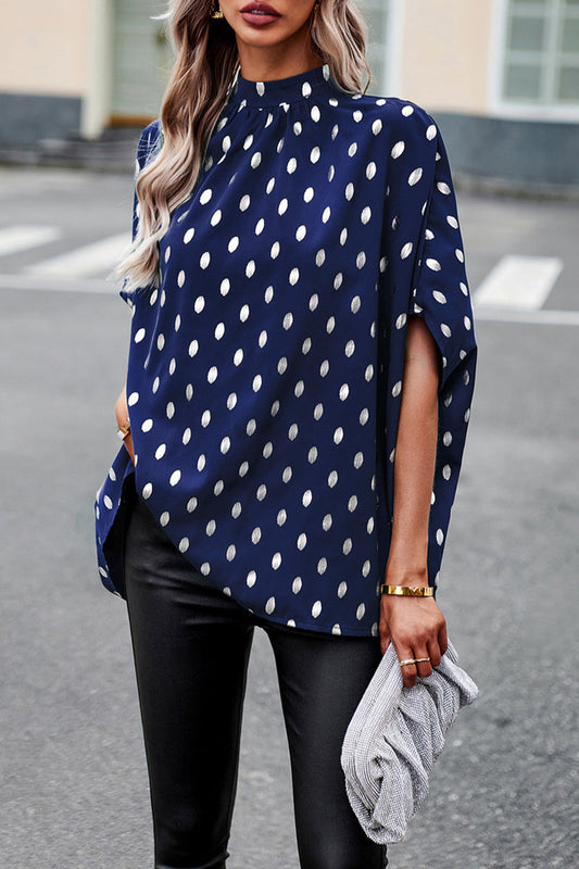 Blusa elegante de cuello mandarín con diseño de lunares estilo británico