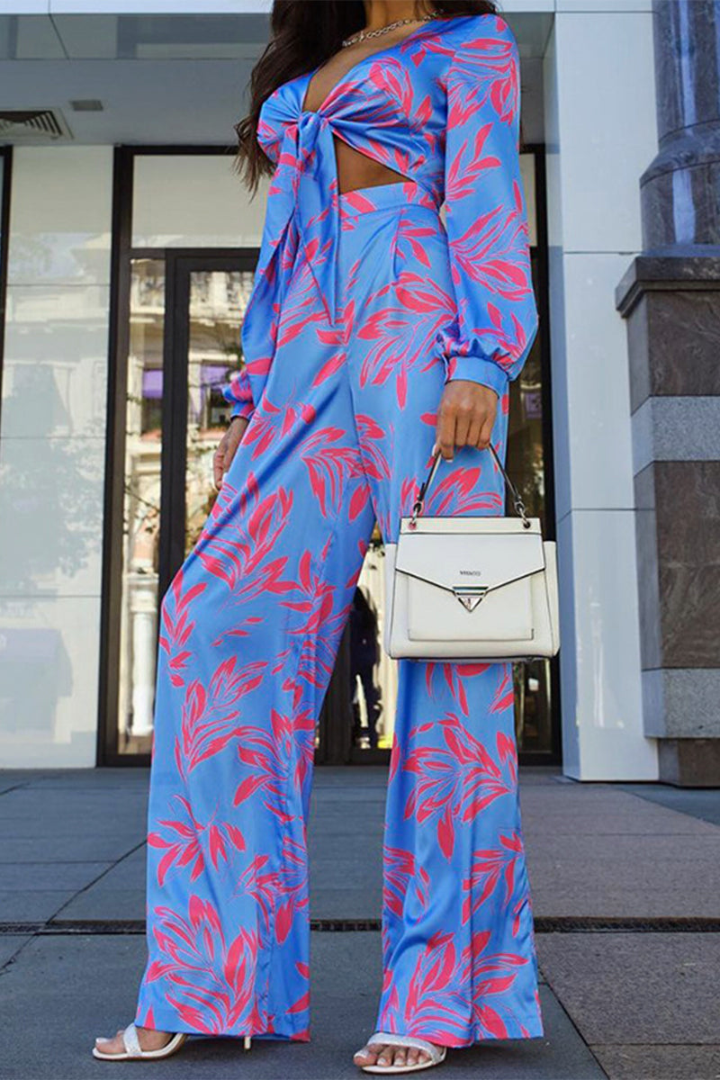 Conjunto de dos piezas con cuello en V, manga larga y patchwork floral sexy