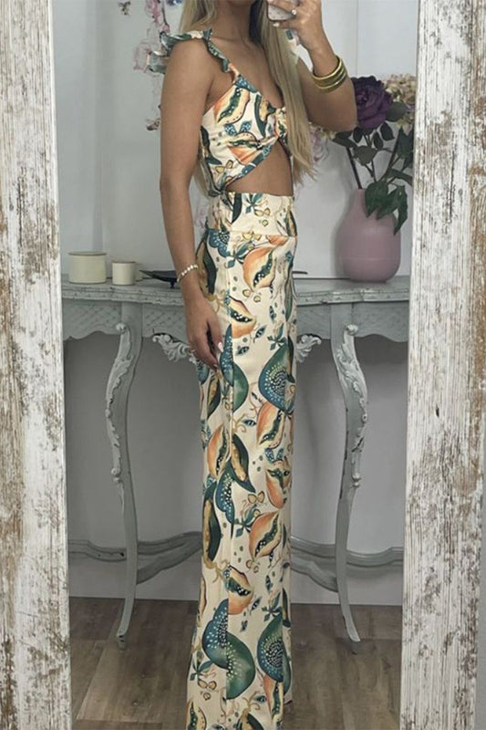 Conjunto de dos piezas sin mangas con cuello en V y patchwork con estampado urbano