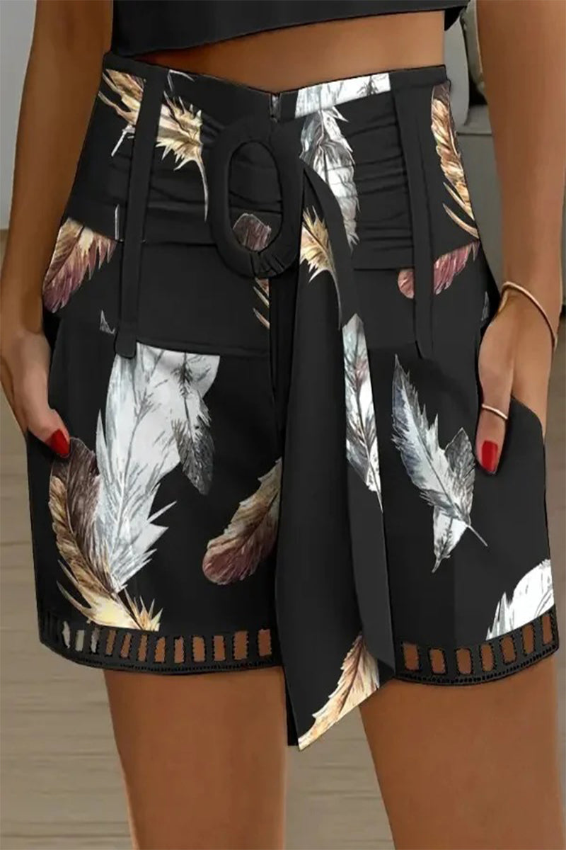 Pantalones casuales tipo A de cintura alta con bolsillos y estampado