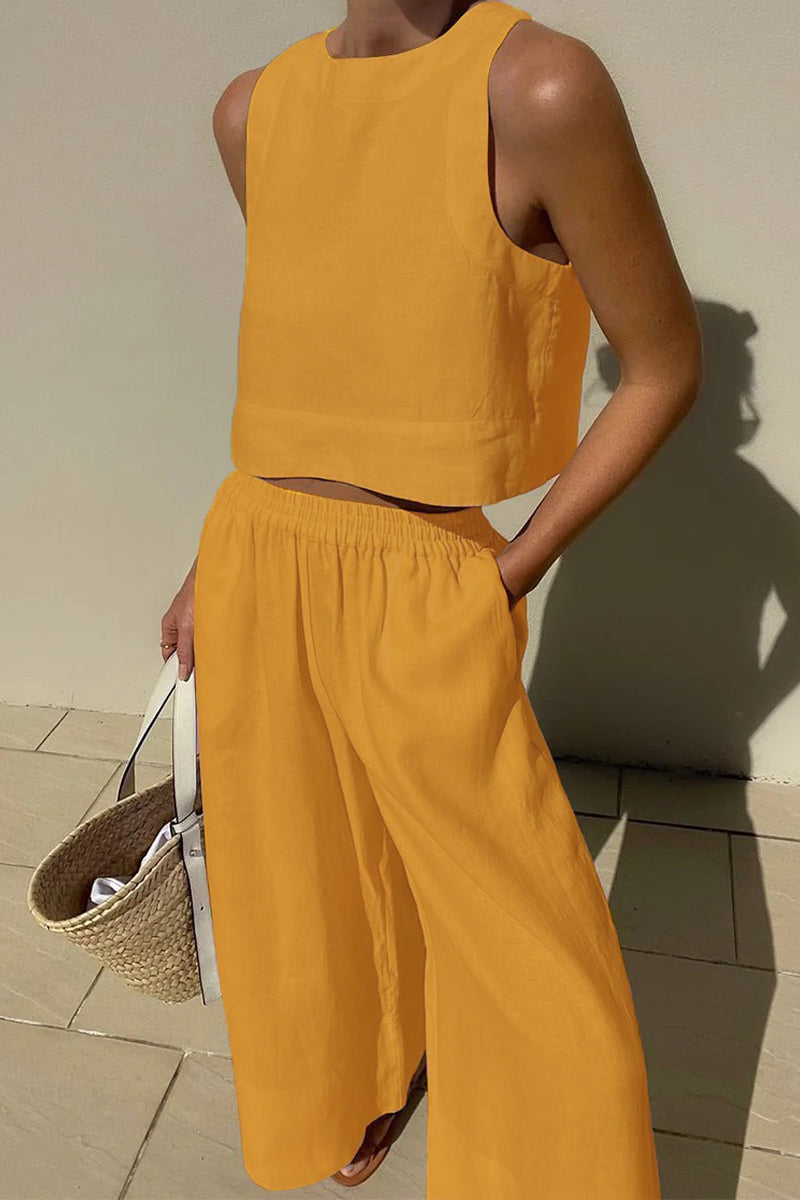 Conjunto de dos piezas informal, sencillo, liso, color liso, cuello redondo, sin mangas