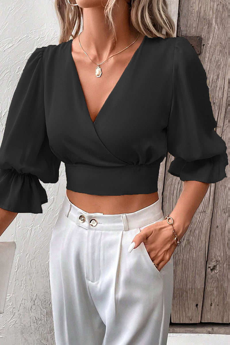 Elegante blusa sencilla con cuello en V y banda sólida