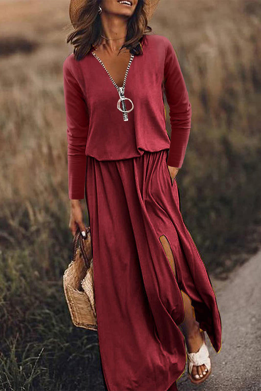 Vestido informal de patchwork con cremallera y escote en V irregular (6 colores)