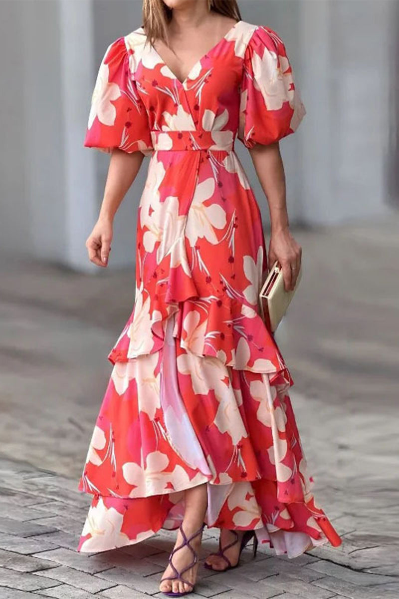 Elegantes vestidos de línea A con cuello en V y patchwork floral