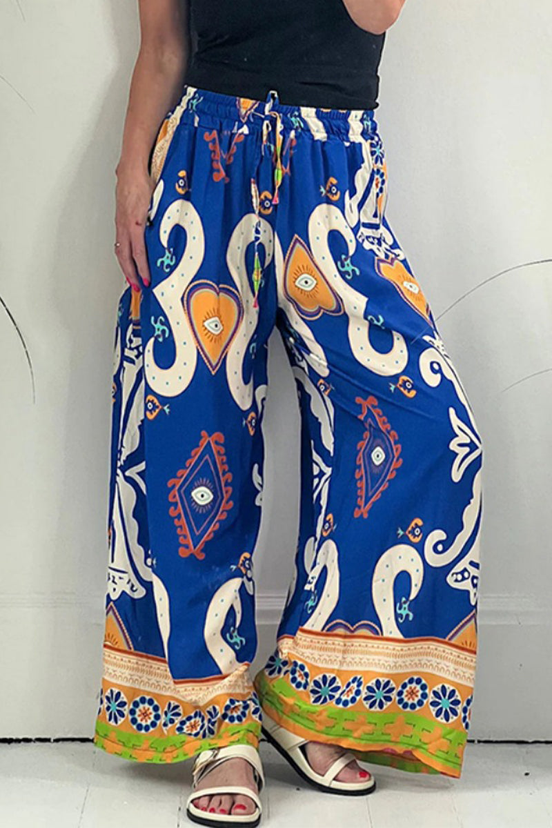 Pantalones casuales con estampado, bolsillo, holgados, pierna ancha y estampado completo