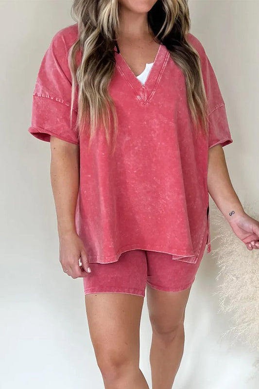 Conjunto de dos piezas informal, sencillo, liso, con escote en V y manga corta