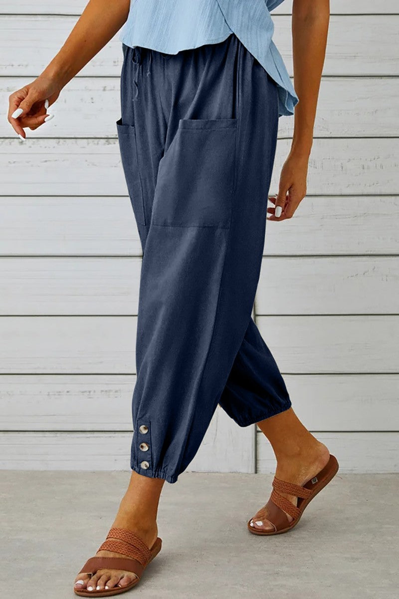 Pantalones casuales de talle alto con parches lisos, convencionales y de color liso (10 colores)