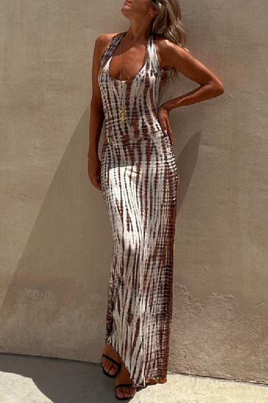 Vestido sexy de rayas con cuello en U, sin espalda y patchwork