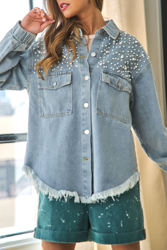 Chaqueta vaquera holgada de manga larga con cuello vuelto, borlas y abalorios de patchwork urbano